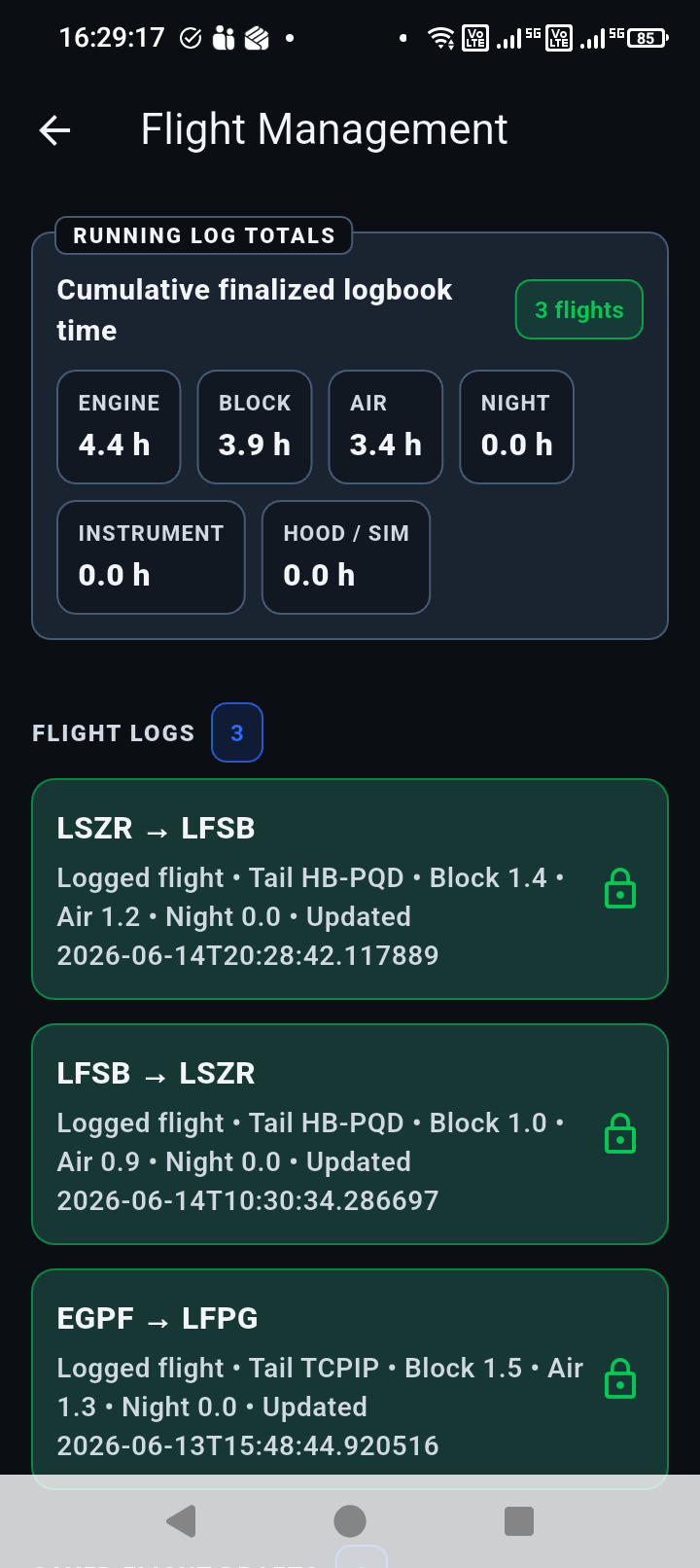 Flight Management screen showing cumulative finalized logbook time and completed flight log entries.