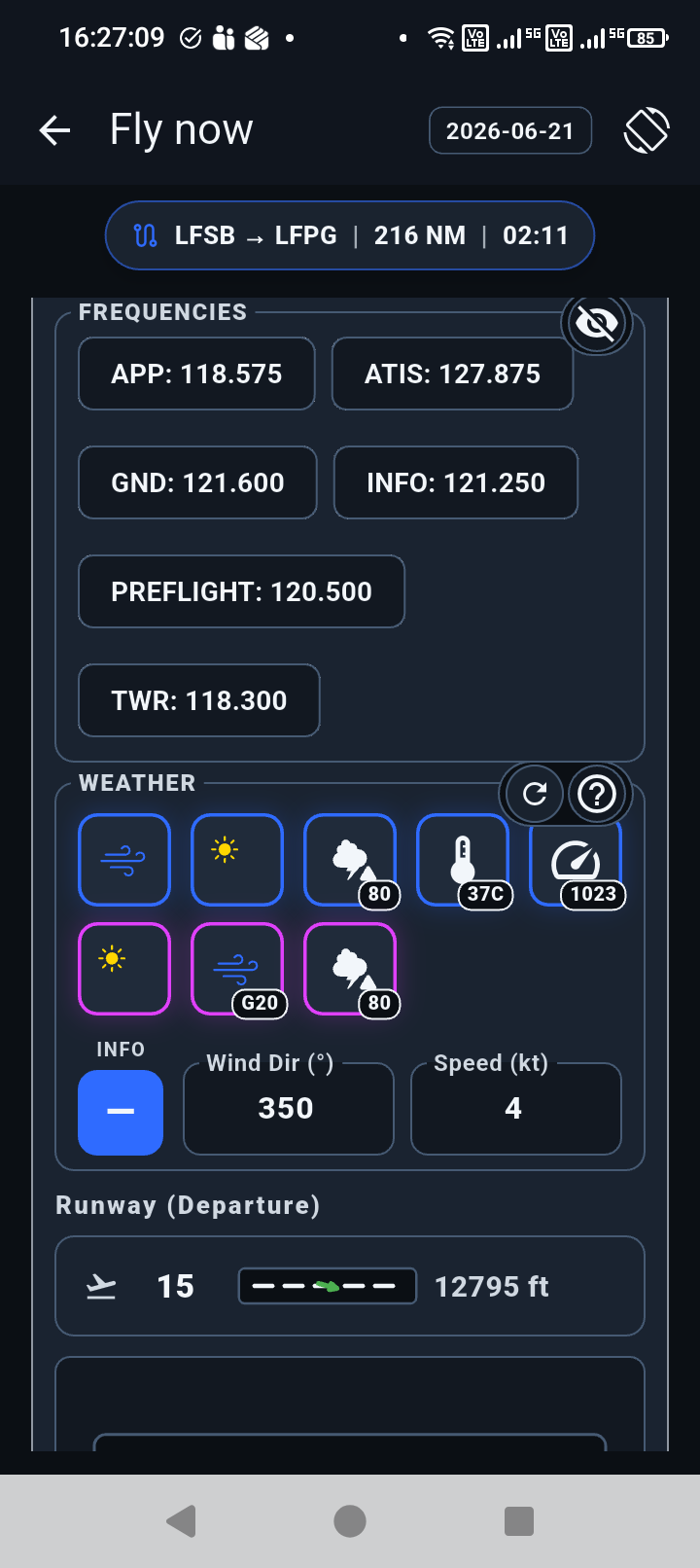 Fly Now screen showing frequencies, weather chips, wind direction and speed, and runway information.