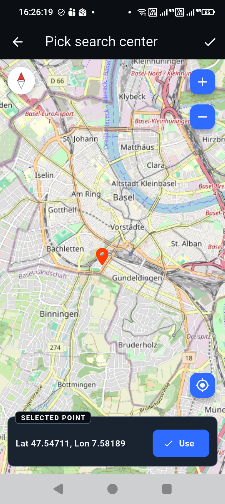 Map picker screen centered on Basel with a selected point and Use button.