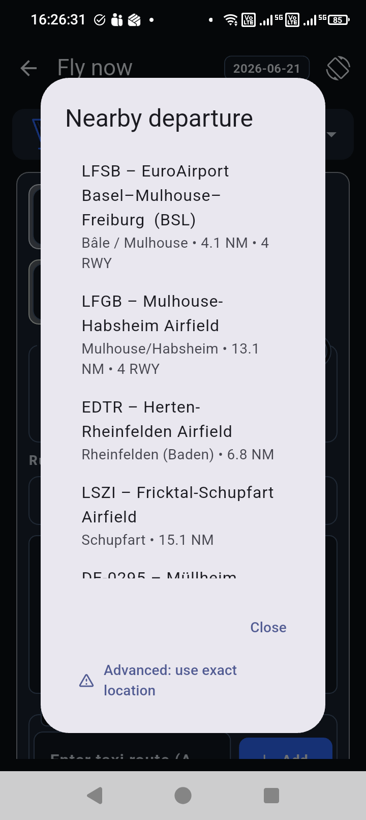 Nearby departure airport picker showing airports around Basel and an advanced exact-location option.