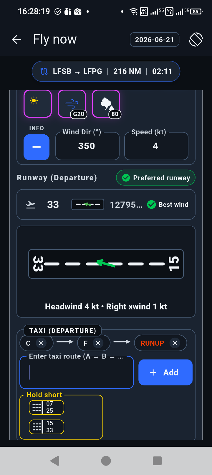 Fly Now runway preview showing headwind and crosswind components plus a taxi route builder and hold-short runway options.