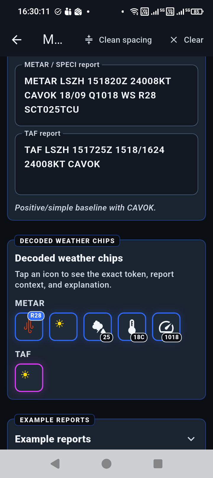 METAR TAF Decoder screen showing a METAR report, TAF report, and decoded weather chips.
