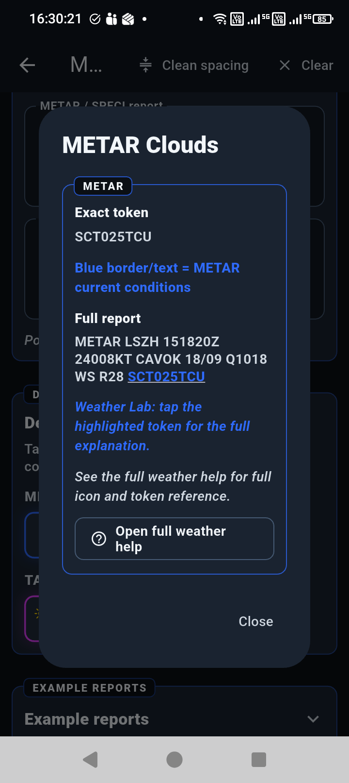 Weather token context dialog showing the exact token SCT025TCU, full METAR report, and a button to open full weather help.