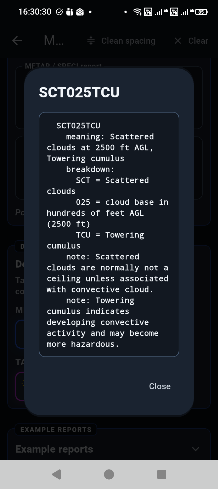 Weather token explanation dialog for SCT025TCU showing scattered clouds at 2500 feet AGL and towering cumulus notes.